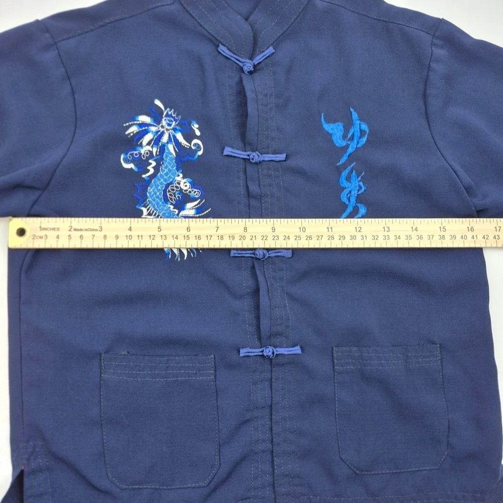 Vtg Mimi Kids Dragon Embroidered Asian Outfit Set‎ Navy Blue Top Pants Sz 10 Y2K